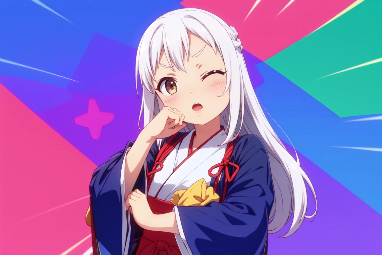 one eye closed, solo, bangs, looking at viewer, upper body, open mouth, hand on chin, white hair, long hair, hair style, (simple colored hakama:1.2) <lora:dsnoo:1.0>