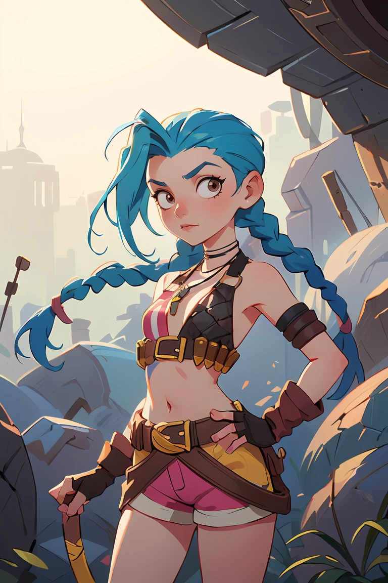 (masterpiece, best quality:1.2),intricate details,<lora:jinx_default_lol:0.8>,jinx \(league of legends\),1girl,twin braids,single elbow glove,short shorts,bikini top only,necklace,belt,bullet,fingerless gloves,<lora:Animated characters:0.4>,barren planets,<lora:GoodHands-beta2:1>