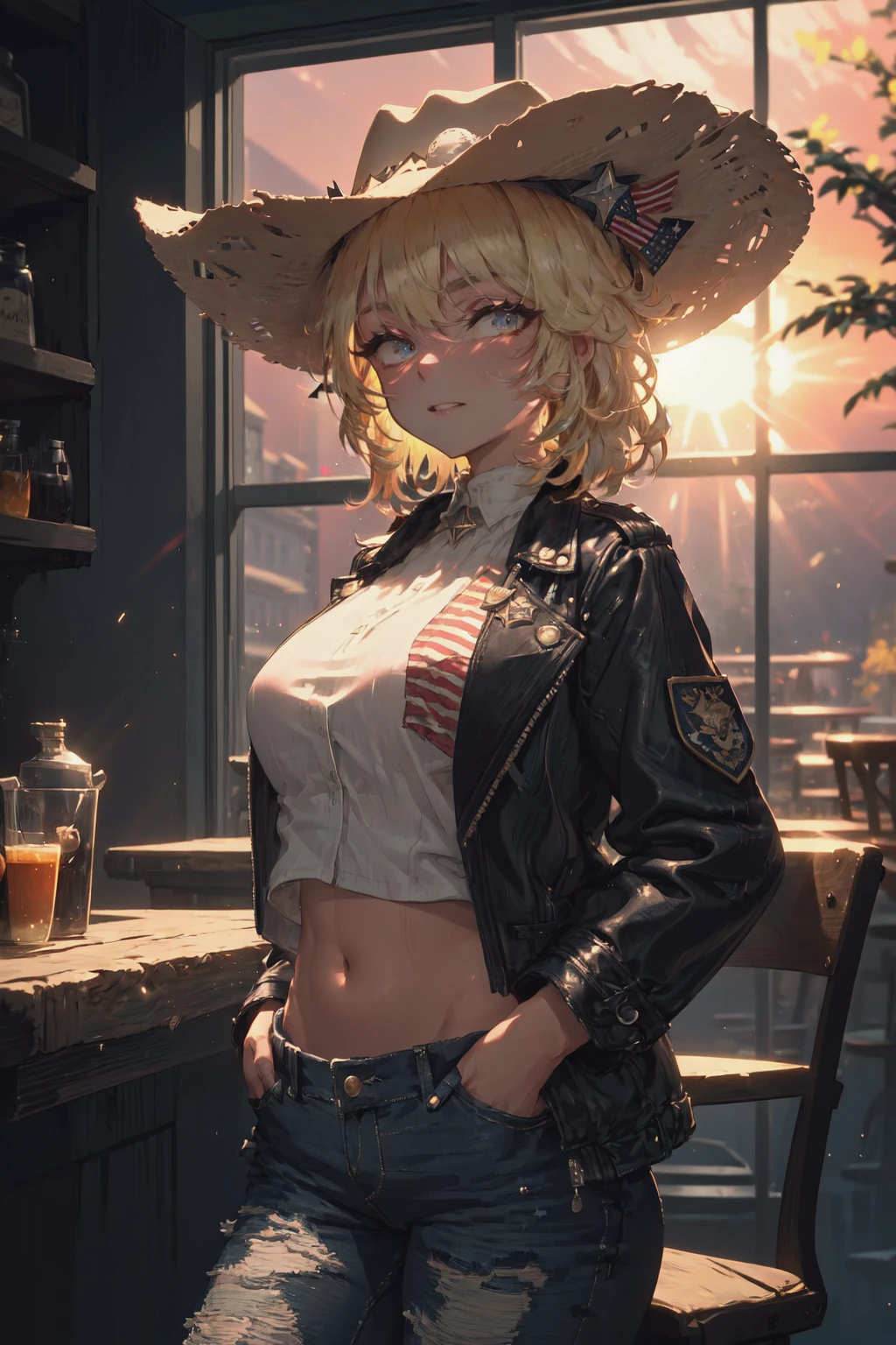 (high quality, best quality, masterpiece), 1girl, finely detailed beautiful face, dark intense shadows, long blonde hair, wavy hair, leather jacket, ((american flag shirt)), crop top, navel, short pants, short jeans, blue eyes, mature female, [pink lips], looking at the viewer, window, sunshine, cowboy, sheriff badge, ((cowboy (hat))), bar, sunset, sitting on chair, large breasts, light smile, hands in pockets, depth of field, looking at the viewer, extremely detailed fingers,