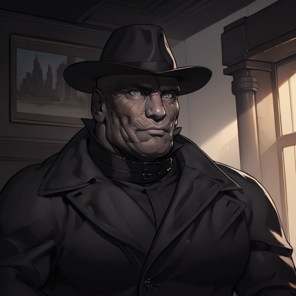 Best_QualityPos, RAW photo, intricate details, best quality, 8k uhd, soft lighting, 1boy, solo, bald, hat, beard, old man, black coat, grey eyes   <lora:mr._x-000003:0.7>