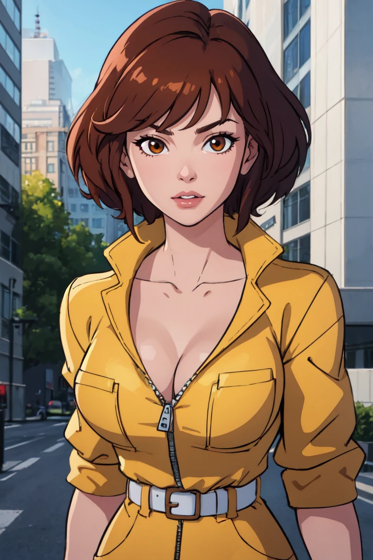 upper body,  
masterpiece, best quality, high quality, highres, outdoors, day,  looking at viewer, solo, focused, BREAK, 
CARTOON_April_ONeil_TMNT_ownwaifu, 
1girl, brown hair, short hair, breasts, brown eyes, large breasts, lips, makeup, collarbone, lipstick, 
cleavage, sleeves rolled up, yellow jumpsuit, watch, unzipped, zipper, white belt,
<lora:CARTOON_April_ONeil_TMNT_ownwaifu:1>