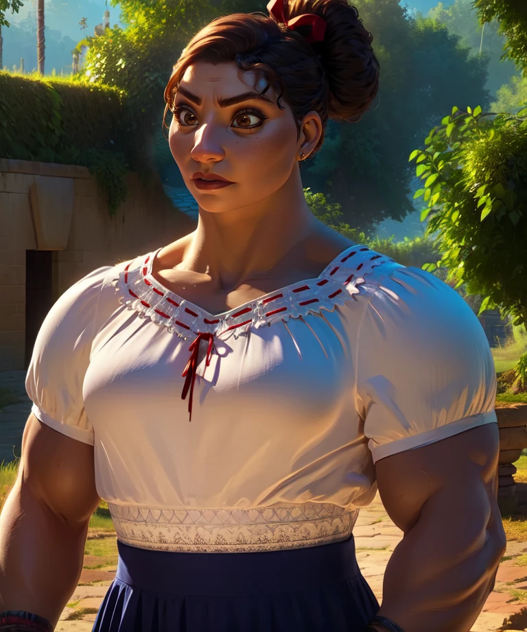 Luisa,brown hair,hair bun with red ribbon,brown eyes,muscular,
standing,upper body,
blue skirt,cleavage,bracelets,white top,
garden,stone bridge,morning,
(insanely detailed, beautiful detailed face, masterpiece, best quality) solo,cinematic lighting,
<lora:Luisa-10ENC:0.8>,