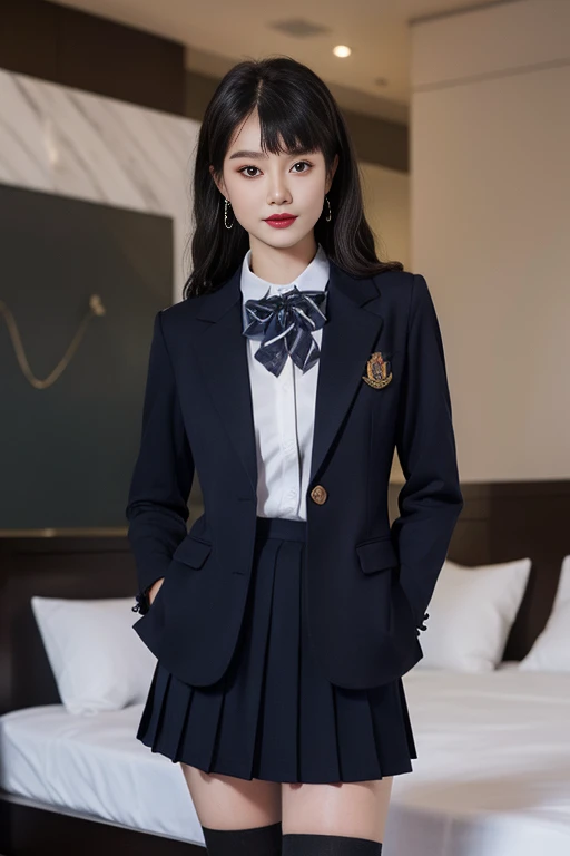 ultra-detailed,highly detailed,best quality,masterpiece,illustration,realistic,
school uniform, 1girl, solo, cowboy shot, 
collared shirt,striped bowtie, blazer, jacket, long sleeves, pleated skirt,buttons,badge, thighhighs, high heels, 
indoors, photo background, blurry background, bed,
very long hair, blunt bangs, straight hair, 
 <lora:school uniform_xzjk_v1_07:0.7>