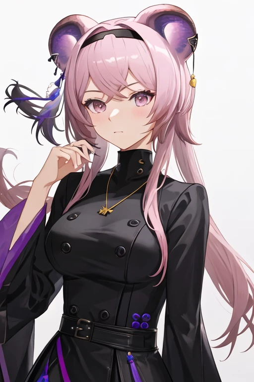 best quality, masterpiece, highres, solo, {lin_arknights:1.15}, animal_ears, long_hair, mouse_ears, bangs, pink_hair, breasts, hairband, black_hairband, pink_eyes, upper_body, closed_mouth, purple_eyes, hair_between_eyes, jewelry