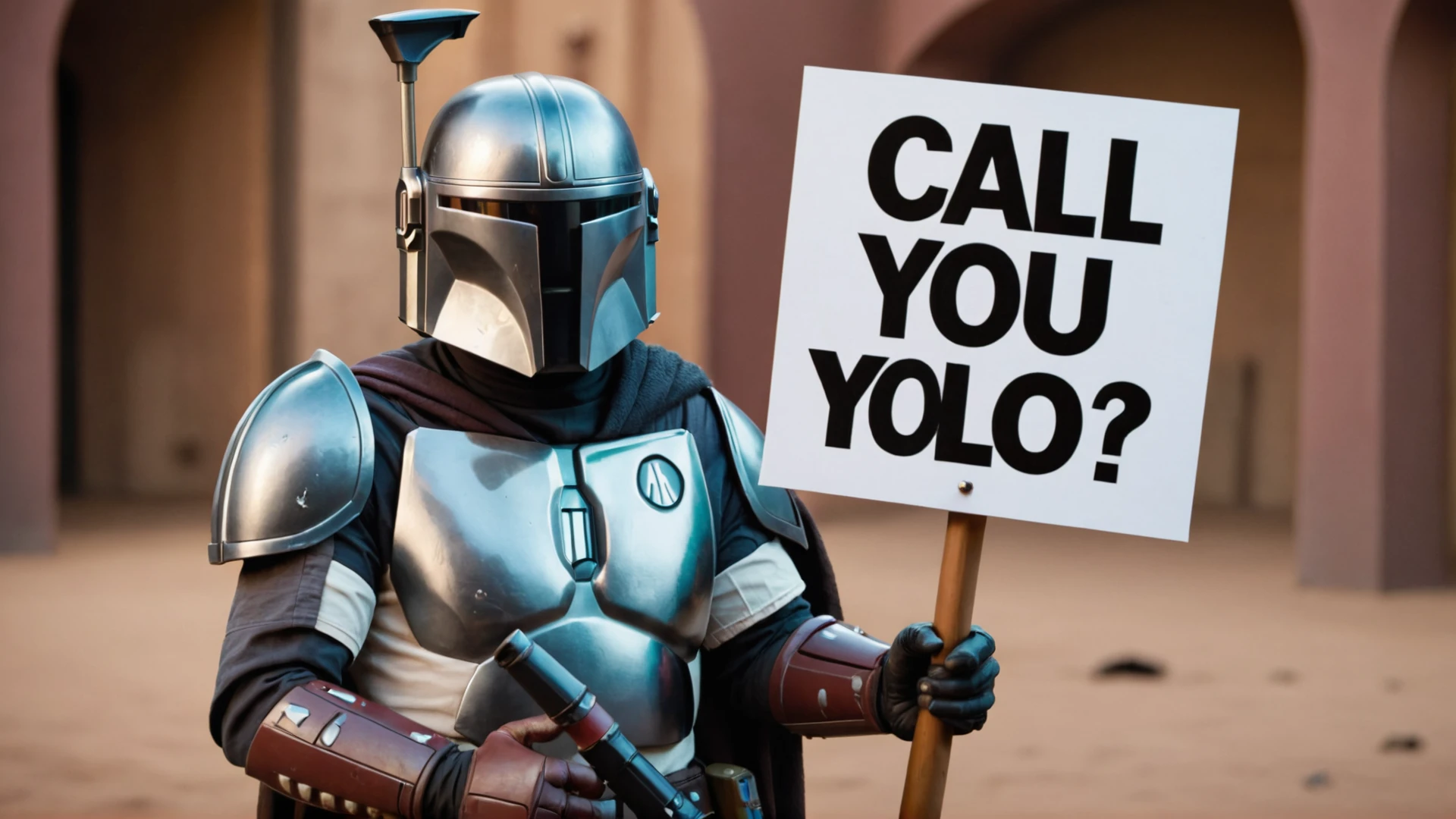photo of the Mandalorian with a sign that says "Call you YOLO?"