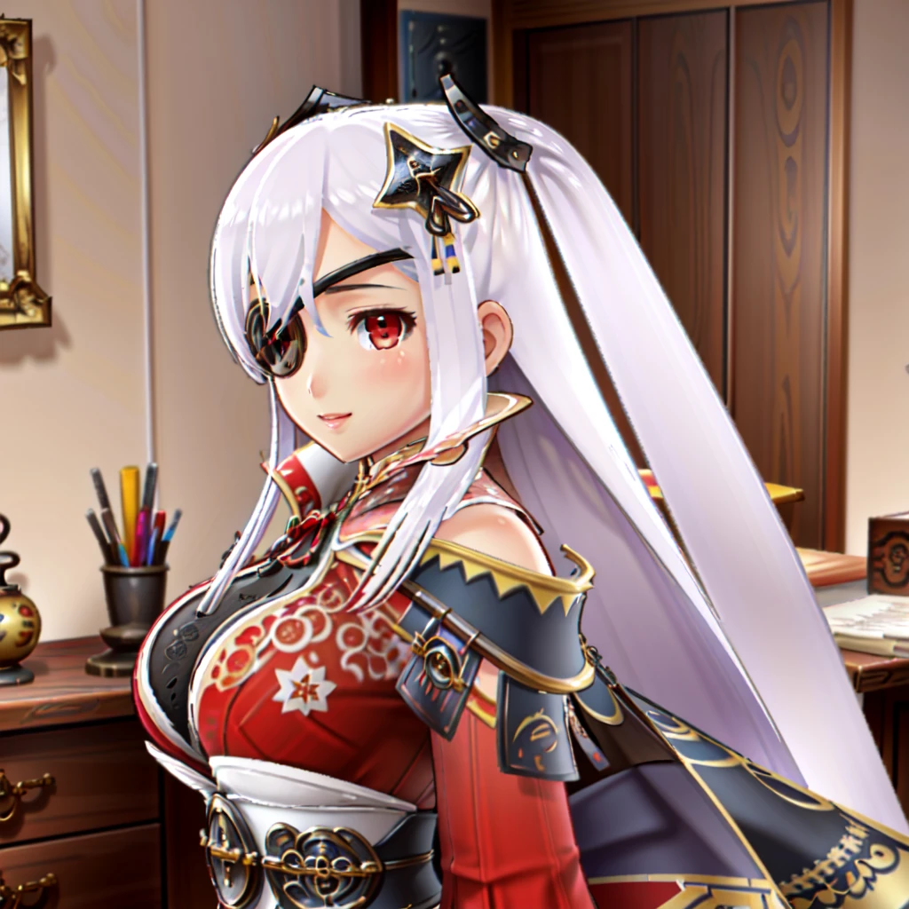illustration, masterpiece, best quality, beautiful, higres, shiny skin, realistic, simple background, portrait, upper body, side view, smile, hands crossed under the chest, yagyu_(senran_kagura), 1girl, very long hair, hair ornament, red eyes, red thighhighs, gloves, white hair, eyepatch, twintails, leotard, japanese clothes, black panties, red dress, armor, gauntlets, showgirl skirt,  <lora:Yagyu2_lora:0.8>