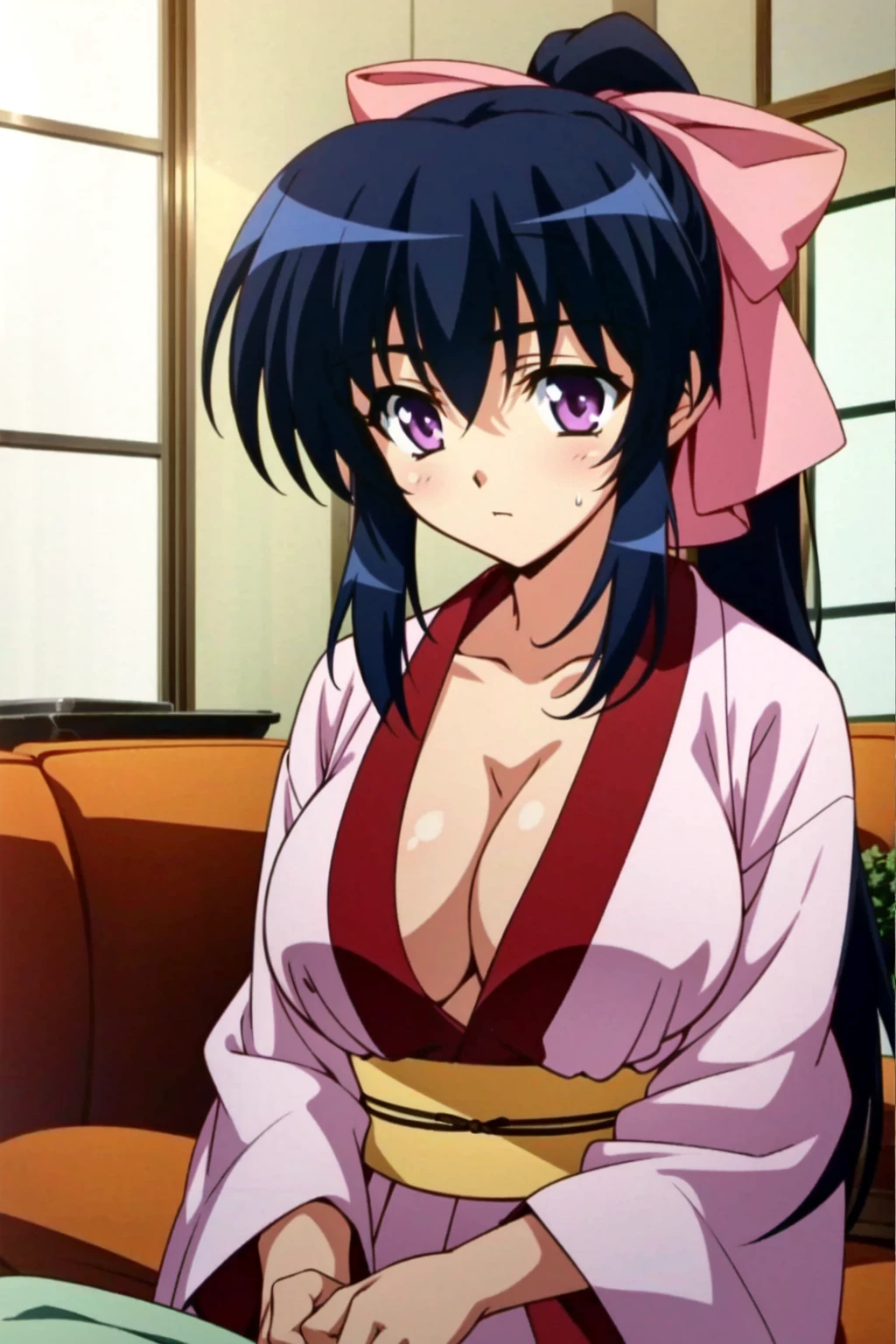 <lora:OGT_Himari_Noihara-v2:0.8> Himari Noihara, 1girl, breasts, solo, japanese clothes, cleavage, black hair, purple eyes, large breasts, kimono, long hair, ponytail, pink kimono, bow, downblouse, indoors, living room, couch ((masterpiece)), ((Best Quality)), ((Extremely Detailed)), ((Ultra Quality)), ((8k))