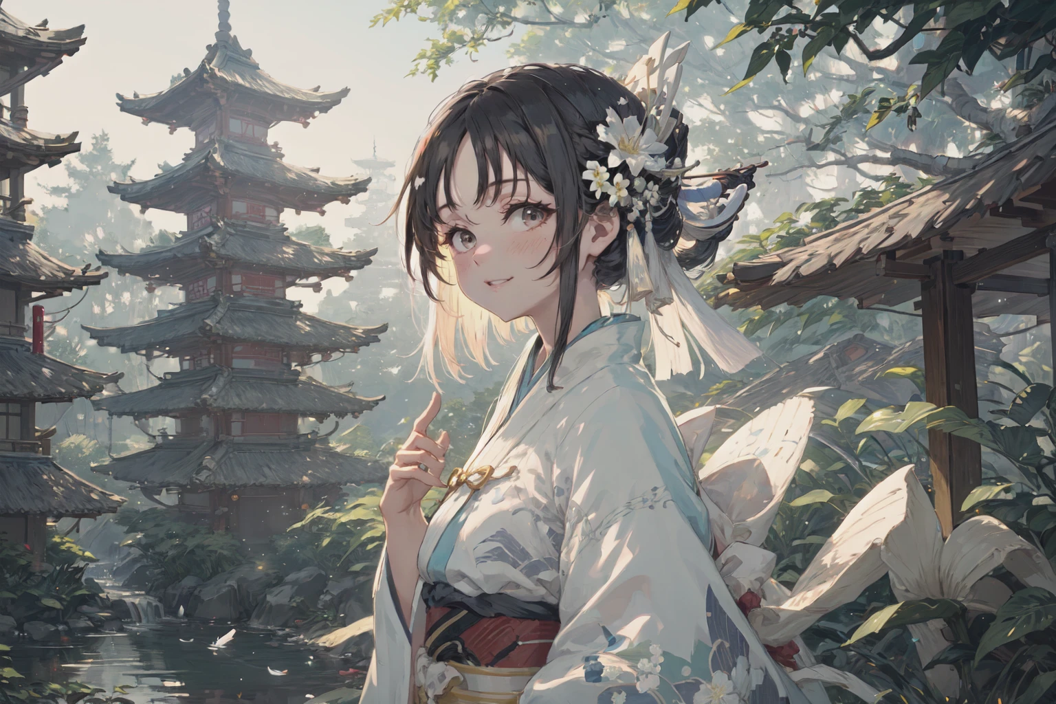 (masterpiece, best quality, detailed background, extremely detailed:1.4) BREAK 1girl, (upper body),(smile),short hair, (hanfu), (trees:0.5), (flowers:0.6) ,(wooden house:0.2),(bamboo forest:0.2),(creek:0.2),(river:0.2), Shinomiya Kaguya, Shinomiya Kaguya's Style,