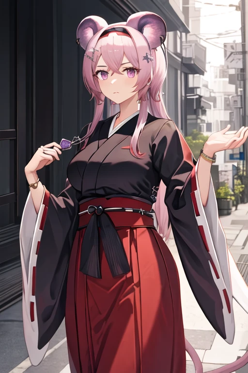 best quality, masterpiece, highres, solo, {white kimono:1.35}, {red hakama:1.35}, {wide sleeves:1.20}, {lin_arknights:1.15}, animal_ears, long_hair, mouse_ears, bangs, pink_hair, breasts, hairband, black_hairband, pink_eyes, upper_body, closed_mouth, purple_eyes, hair_between_eyes, jewelry