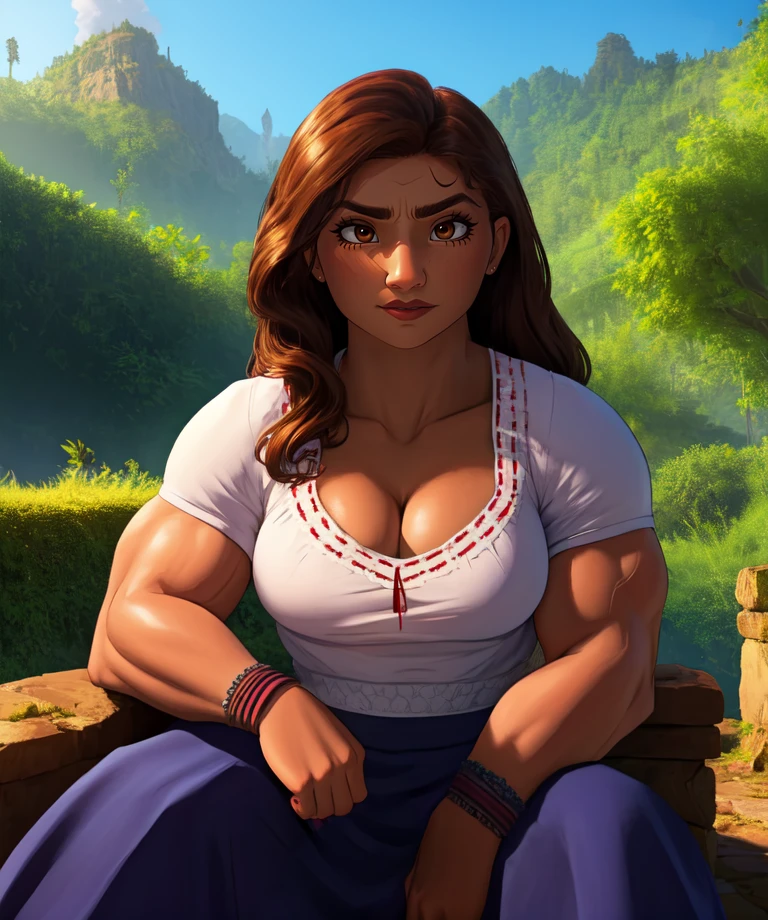 Luisa,brown hair,brown eyes,muscular,long hair,
upper body,sitting,
blue skirt,cleavage,bracelets,white top,
garden,stone bridge,morning,
(insanely detailed, beautiful detailed face, masterpiece, best quality) solo,cinematic lighting,
<lora:Luisa-10ENC:0.8>,