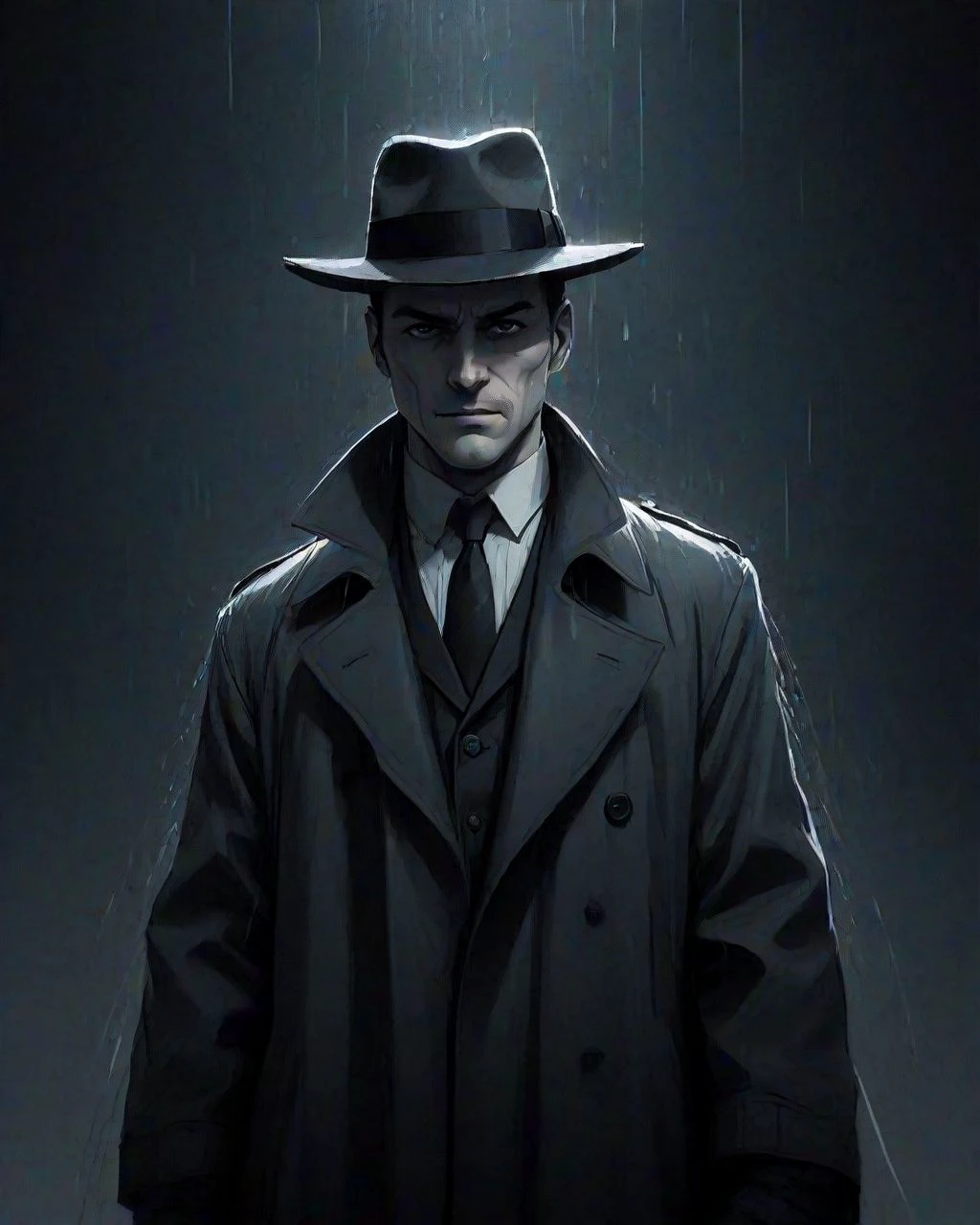 (Film noir style:1.4), intimidating portrait of Rorschach from watchmen, cyber-implants, neo-noir cyberpunk, dark, gritty, hard rain, rain splashes, heavy rain, wet clothes, dripping face, cyberpunk 2077 poster art by Brian Oldham and Conor Harrington, action pose, highly detailed, UHD, <lora:add-detail-xl:1> <lora:sd_xl_offset_example-lora_1.0:1>, (Monochrome:1.2), high contrast, dramatic shadows, 1940s style, mysterious, cinematic