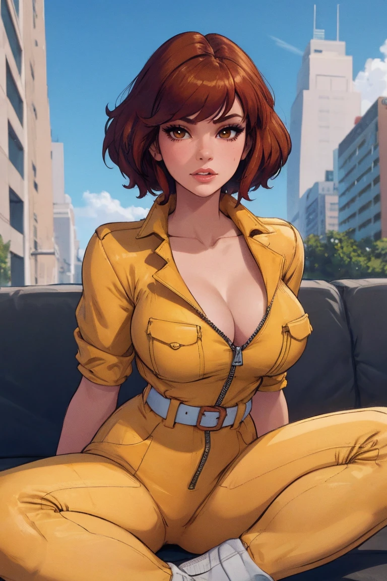 sitting,  
masterpiece, best quality, high quality, highres, outdoors, day,  looking at viewer, solo, focused, BREAK, 
CARTOON_April_ONeil_TMNT_ownwaifu, 
1girl, brown hair, short hair, breasts, brown eyes, large breasts, lips, makeup, collarbone, lipstick, 
cleavage, sleeves rolled up, yellow jumpsuit, watch, unzipped, zipper, white belt,
<lora:CARTOON_April_ONeil_TMNT_ownwaifu:1>