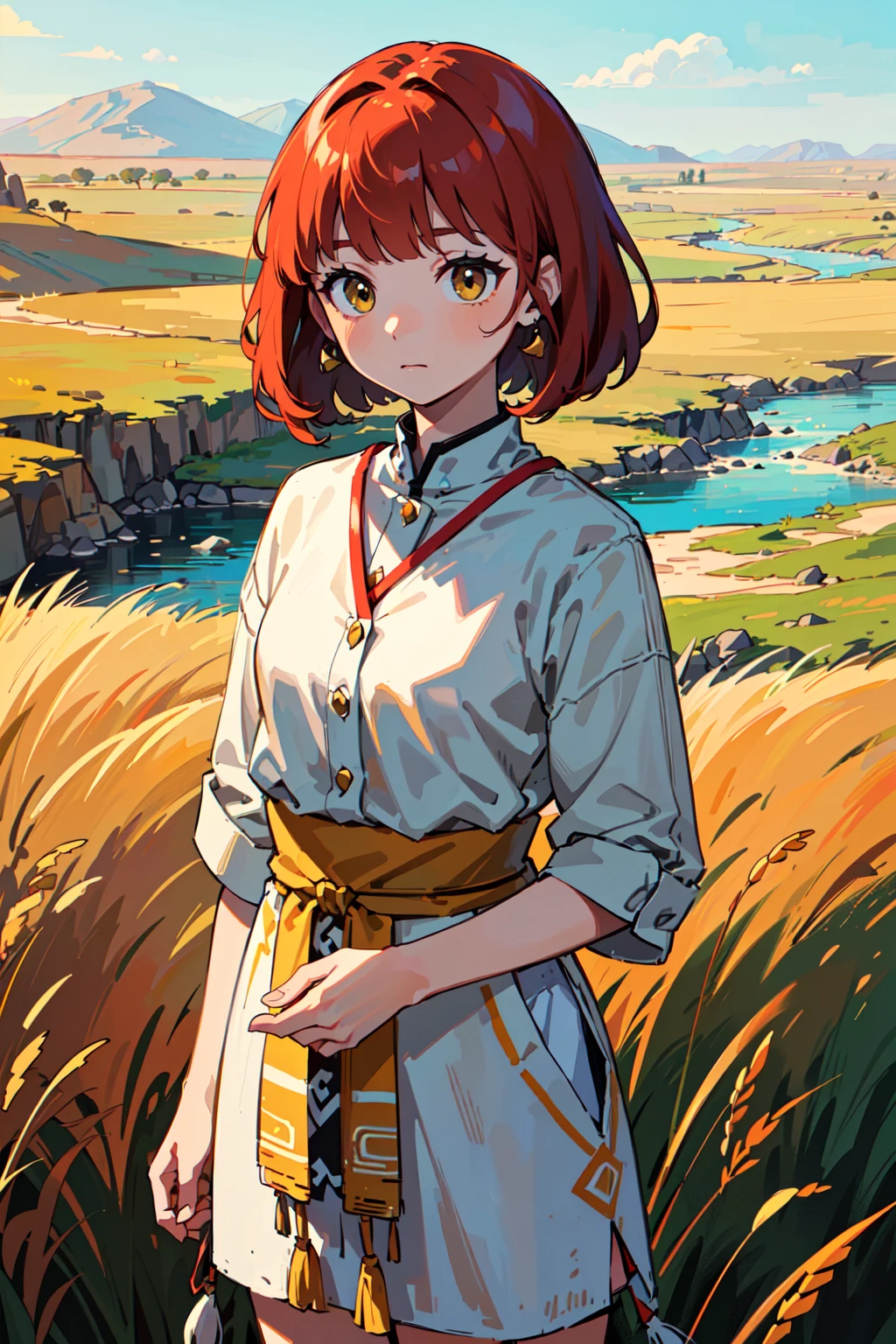 (best quality, masterpiece:1.1), cowboy shot, looking down, (1female), easygoing face, crimson hair, asymmetrical bangs, pointy hair, african clothes, (tribe, tribal:1.2), (savana, (dry, yellow grass land), field, (river)),