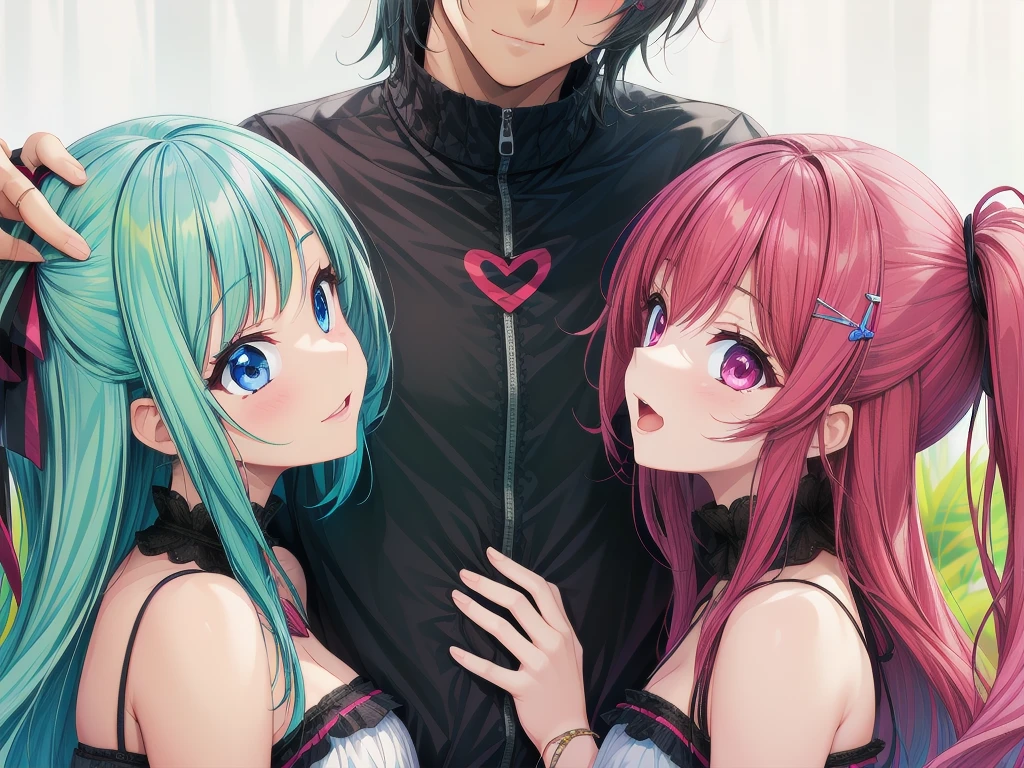 2girl, 1boy,  , gyaru, cheerful,
ffm threesome, group picture, double girls, love triangle,   size difference, 
 <lora:size_difference_ffm_v1.0:1> <lora:hyperdetailer_v095:0.5>