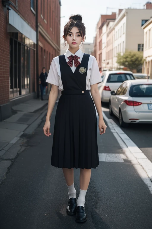 ultra-detailed,highly detailed,best quality,masterpiece,illustration,realistic,
school uniform, solo, 1girl,
hair ribbon,collared shirt, pinafore dress, pleated skirt, long skirt, short sleeves, socks, loafers, bowtie,
standing,looking at viewer, \m/, full body,
black hair,hair bun, short hair, brown hair, bangs,
blurry background, outdoors, photo background, day, cityscape, street, building,
<lora:school uniform__hnq_v1_05:0.7>