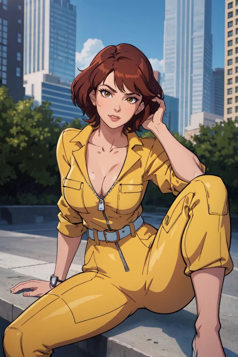 sitting,
masterpiece, best quality, high quality, highres, outdoors, day, looking at viewer, solo, focused, BREAK,
CARTOON_April_ONeil_TMNT_ownwaifu,
1girl, brown hair, short hair, breasts, brown eyes, large breasts, lips, makeup, collarbone, lipstick,
cleavage, sleeves rolled up, yellow jumpsuit, watch, unzipped, zipper, white belt,
<lora:CARTOON_April_ONeil_TMNT_ownwaifu:1>