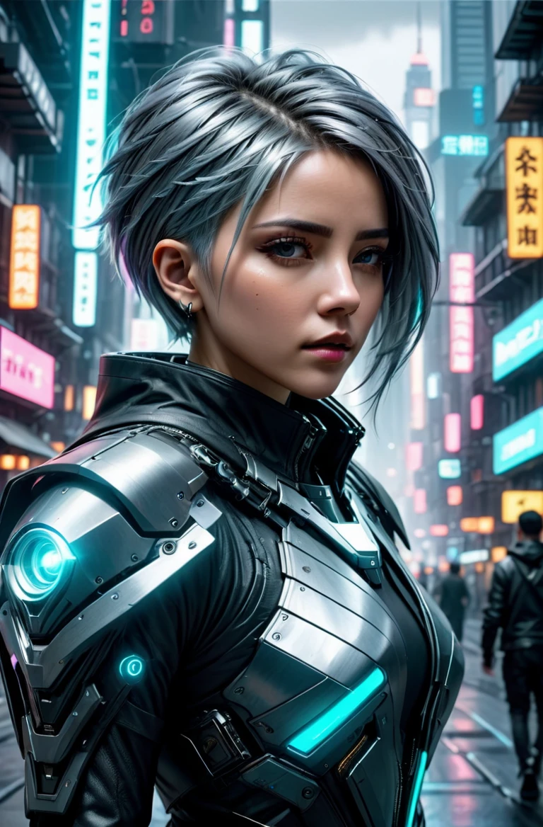 masterpice, photorealistic highly detailed 8k photography, best cinematic quality, <lora:HaDeS_Armor_XL_V2.0-000004:1> gray pointy hair non-binary in chhdsrmr crstlhdsrmr nhdsrmr, adjusting her collar, Futuristic Cyberpunk Cityscapes background