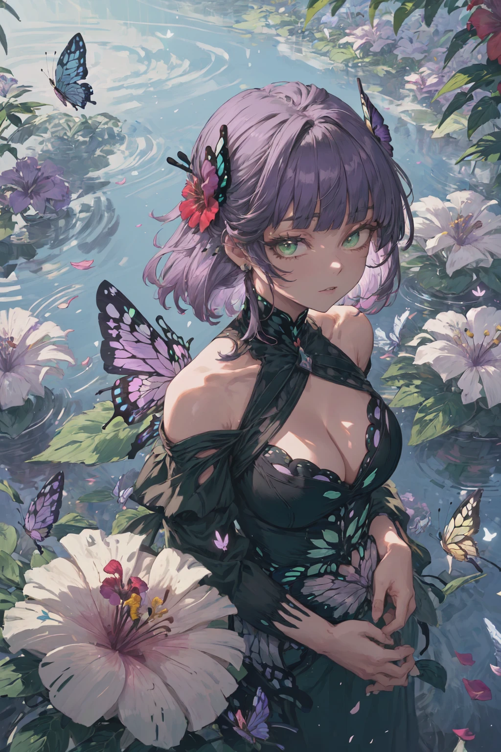 (best quality, high quality:1.4) (butterfly:1.2), hibiscus, (flowers, petals:1.2), garden, from above, upper body, 1girl, purple hair, green eyes, blunt bangs, messy hair, medium hair, standing, frilled dress, bare shoulders, cleavage cutout, looking at viewer floating hair