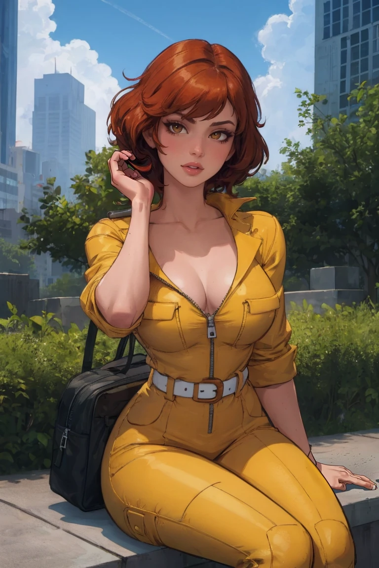 sitting,  
masterpiece, best quality, high quality, highres, outdoors, day,  looking at viewer, solo, focused, BREAK, 
CARTOON_April_ONeil_TMNT_ownwaifu, 
1girl, brown hair, short hair, breasts, brown eyes, large breasts, lips, makeup, collarbone, lipstick, 
cleavage, sleeves rolled up, yellow jumpsuit, watch, unzipped, zipper, white belt,
<lora:CARTOON_April_ONeil_TMNT_ownwaifu:1>