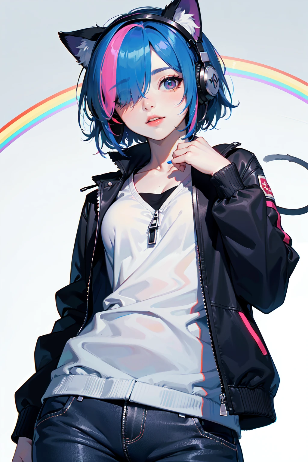 (best quality, masterpiece:1.1), cowboy shot, from below, (1female), aroused face, rainbow hair, absurdly short hair, hair over one eye, (Neko Headphone:1.05), Unzipped Jacket,