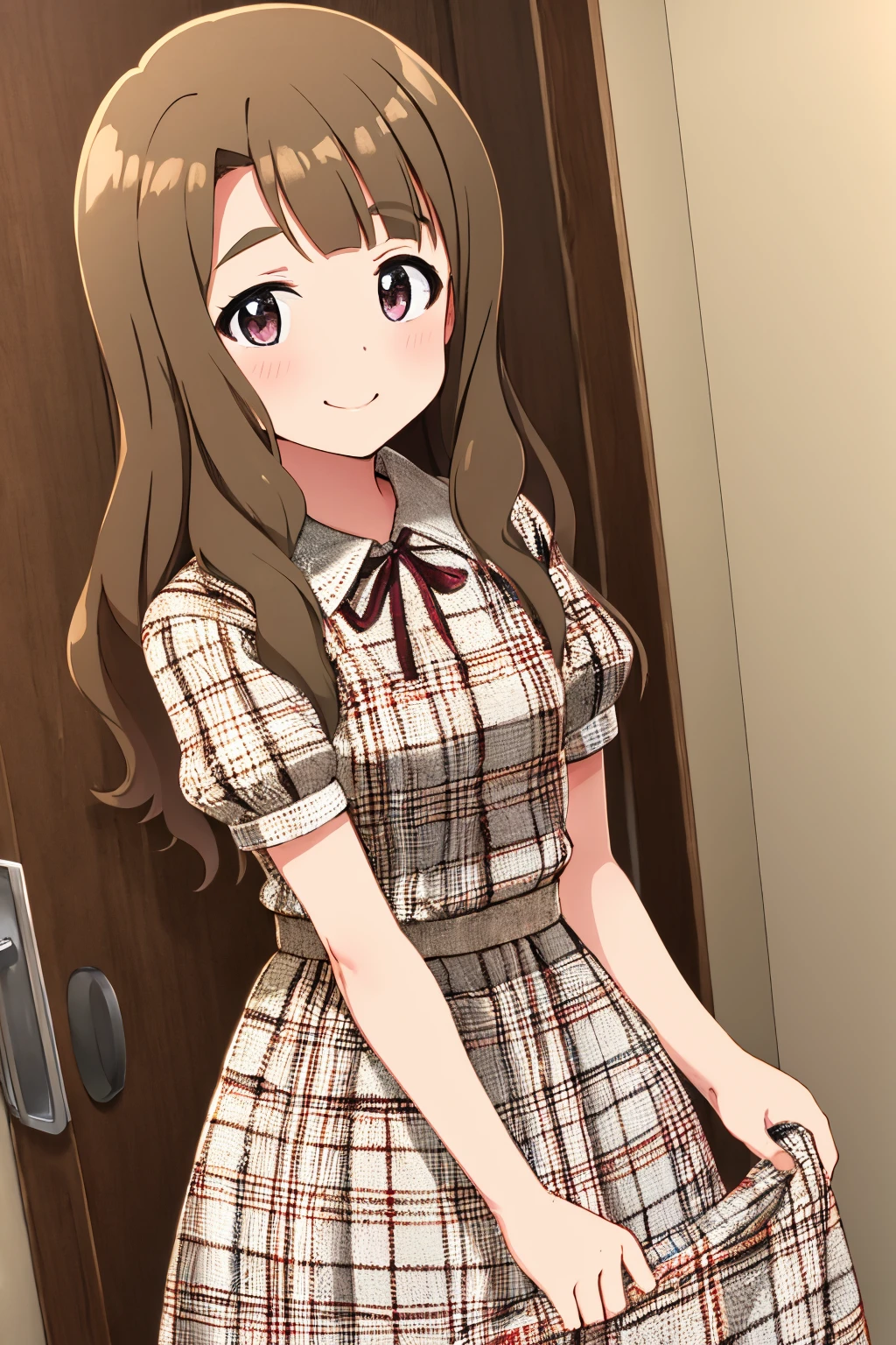 miyao miya, short sleeves, plaid shirt, neck ribbon, plaid dress, smile, plaid skirt, brown shirt, brown skirt, 1girl, puffy short sleeves, checkered skirt, checkered shirt <lora:miyao_miya_locon:0.8> <lora:fingers4civitai:1:1:lbw=OUTALL>