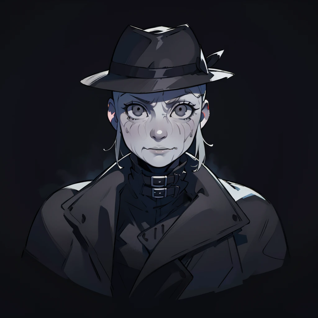 Best_QualityPos, RAW photo, intricate details, best quality, 8k uhd, soft lighting, 1girl, solo, hat, black coat, grey eyes, bald, wrinkled skin, grey skin <lora:mr._x-000003:0.7>