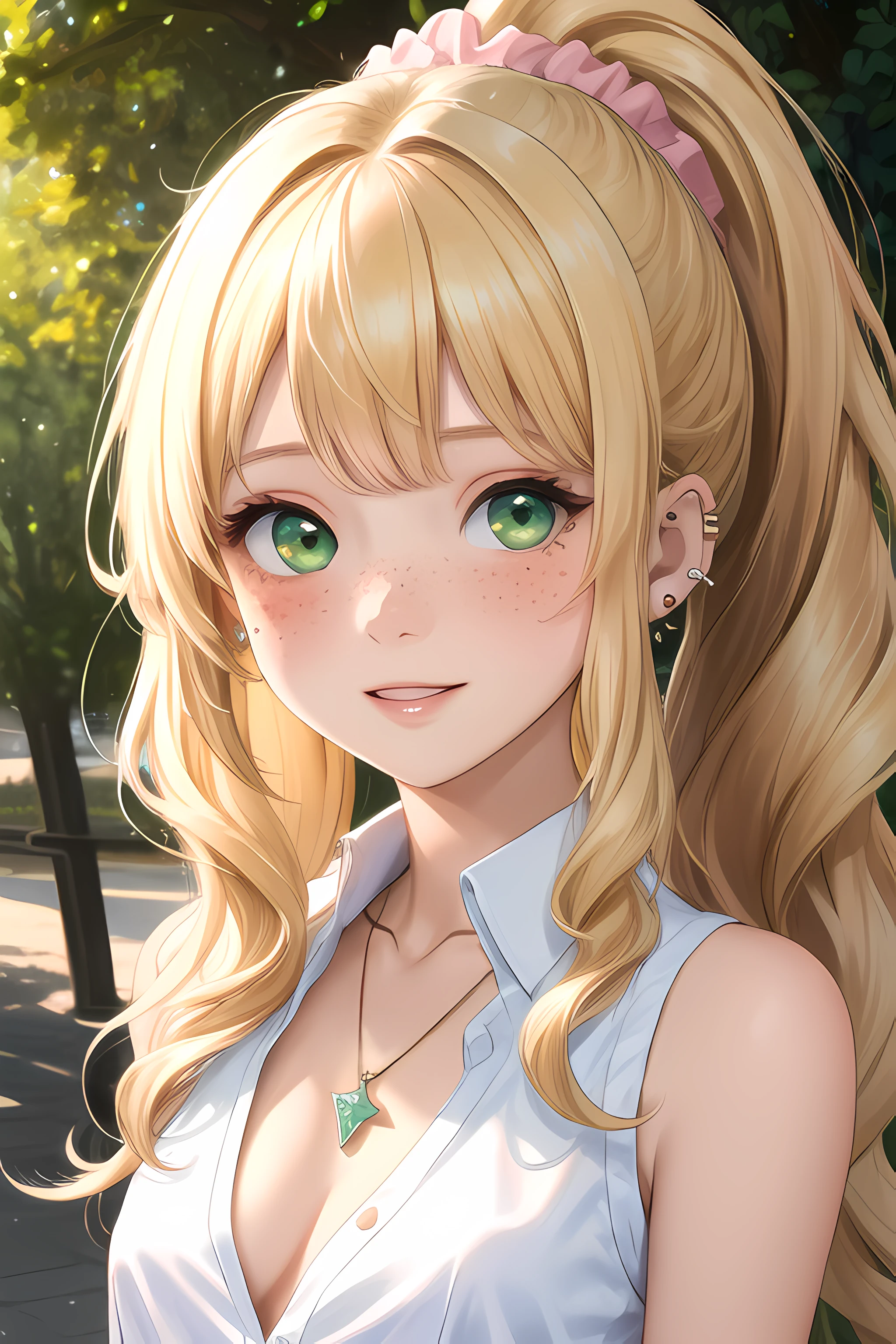 (masterpiece, best quality), 1girl, solo, face, parted lips, looking at viewer, light blush, light smile, pendant, ear piercing, long eyelashes, blonde hair, long wavy hair, high ponytail, asymmetrical bangs, green eyes, freckles, pale skin, outdoors, park, sunlight, pink scrunchie, white collared shirt, sleeveless, cleavage, small perky breasts, sexually suggestive