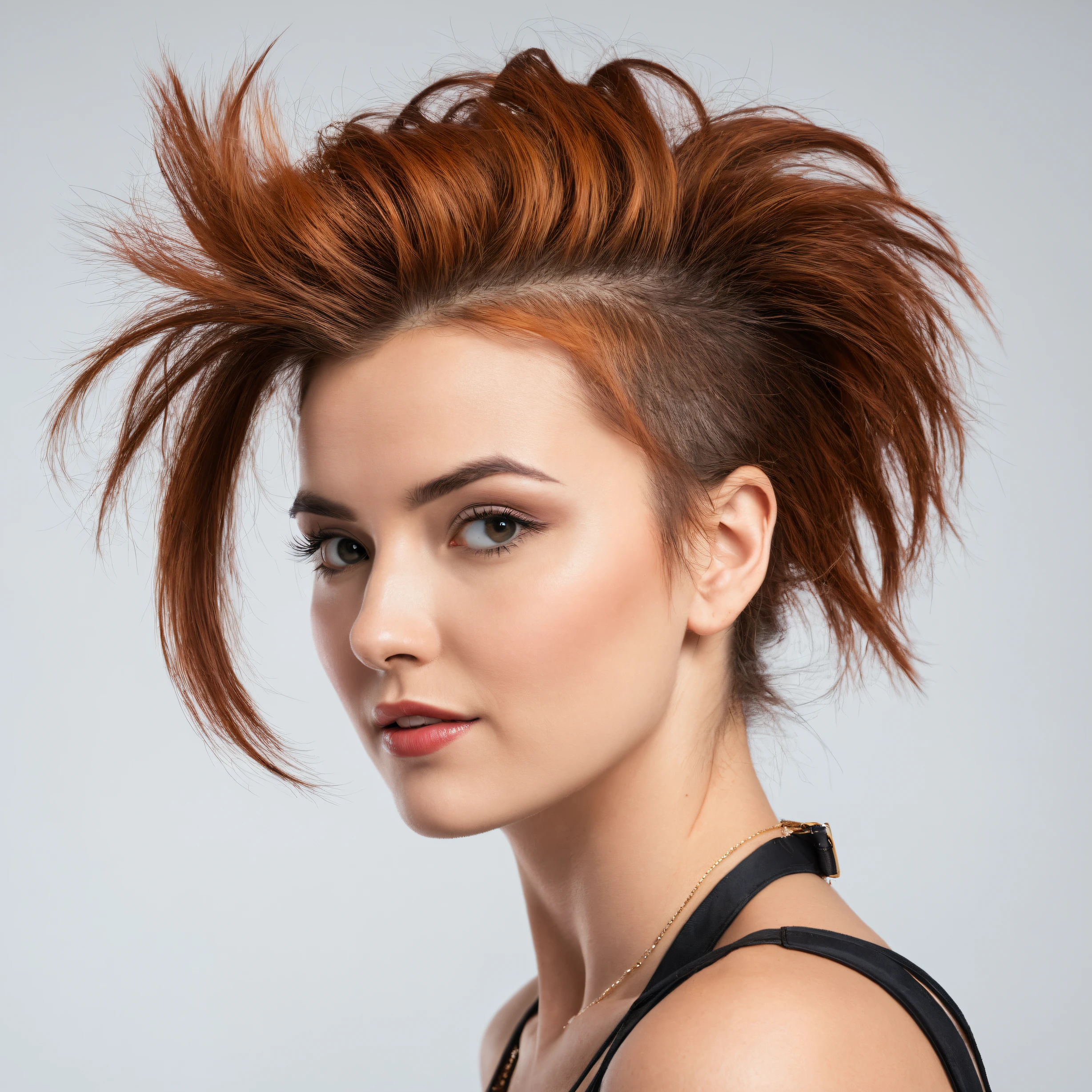 photoshoot, cute woman, white background. , Christine from Belgium, medium (shoulder-length:1.2) mohawk-style [auburn:orange:.4] hair
