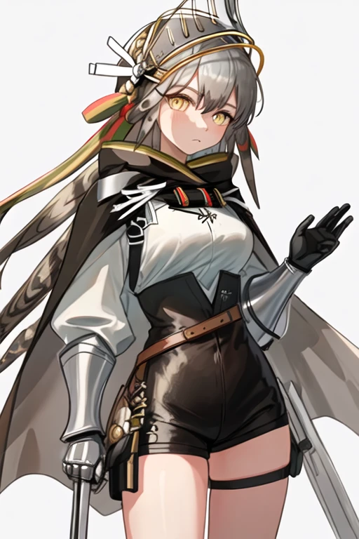 best quality, masterpiece, highres, solo, {fartooth_arknights:1.15}, long_hair, yellow_eyes, grey_hair, feather_hair, bangs, breasts, cape, closed_mouth, gauntlets, black_cape, brown_hair, bright_pupils, upper_body, medium_breasts, hair_between_eyes, 1girl, simple_background, visor_\(armor\), white_background, looking_at_viewer, sketch, shirt, white_shirt
