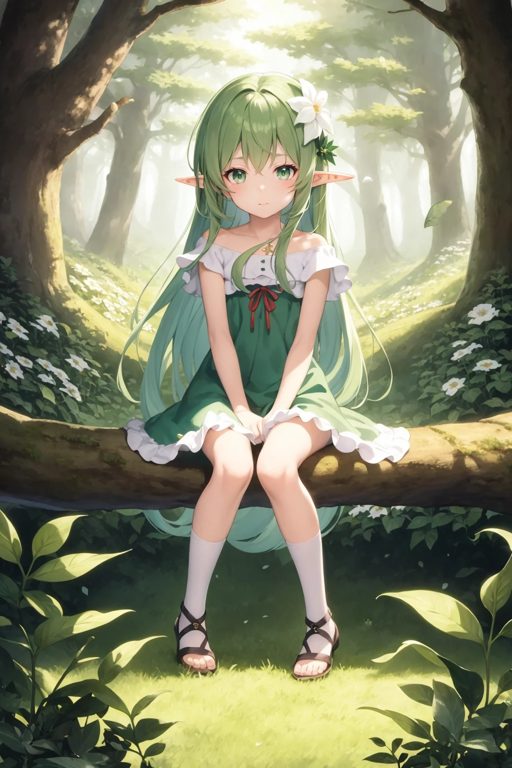 (masterpiece,best quality,illustration,official art:1.05),(tachi-e:1.12),full body,sitting,looking at viewer,solo,1girl,elf girl,long hair,green hair,[green|blue] eyes,dress,white hair flower,hair ornament,(age8),(child),wind,leaf,tree,forest,