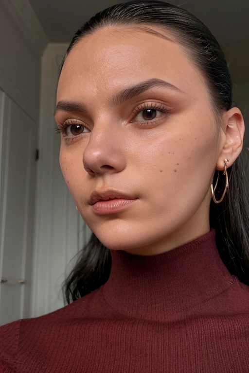 d4fn3, face closeup , red turtleneck, looking at viewer, <lora:d4fn3:1>