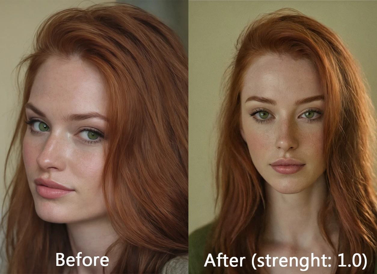 photo of 28yo homeless woman, the most beatiful woman, european, blushing, cowboy shot, simple look,unedited photography, feminine face, natural, unassuming, tired, simple style, shy smile, blotchy skin, pale skin, oily skin, blemishes, long hair, correct anatomy, daylight, global illumination, living room scenery, very detailed skin texture, supermodel fac, big lips, red hair, green eyes, <lora:Beautify-Supermodel-SDXL:1>