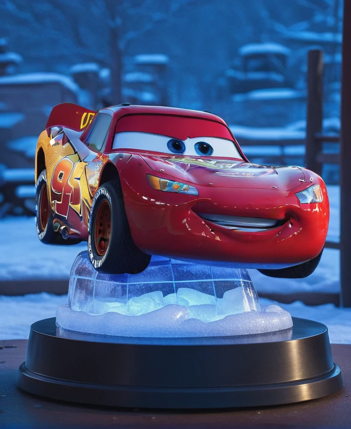 cinematic photo <lora:Lightning_McQueen:0.8>,an ice sculpture of lightning_mcqueen, . 35mm photograph, film, bokeh, professional, 4k, highly detailed