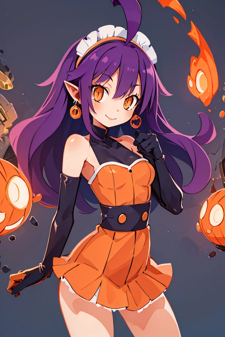 <lora:Harada_Takehito_v2_Repeats5:0.8>, , ((masterpiece,best quality)), absurdres, <lora:Stardust_Pumpkins_Citron_OC_Anime:0.8>, Stardust_Pumpkins_Citron_OC,  1girl, solo, long purple hair,  orange eyes, ahoge, pointy ears, orange dress, elbow gloves, bare shoulders, maid headdress, jewelry, earrings,  solo, smiling, looking at viewer, cowboy shot,   contrapposto,