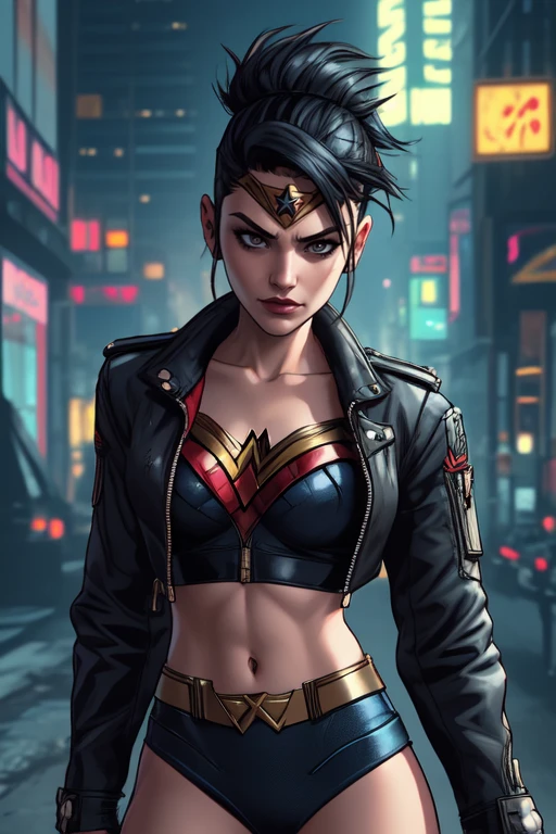 wonder woman, dressed as a punk, shaved side head hairstyle, detailed long hair, wearing short unzipped crop army jacket, crop top, cleavage, smirking, cyberpunk style, professional comic book style, daytime skies