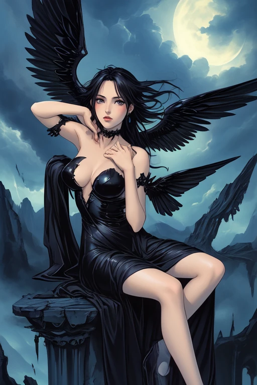 alluring succubus, black dress, ethereal beauty, perched on a cloud, enchanting gaze, captivating pose, delicate wings, otherworldly charm, mystical sky, upper body, impasto by Luis Royo and Yoshitaka Amano