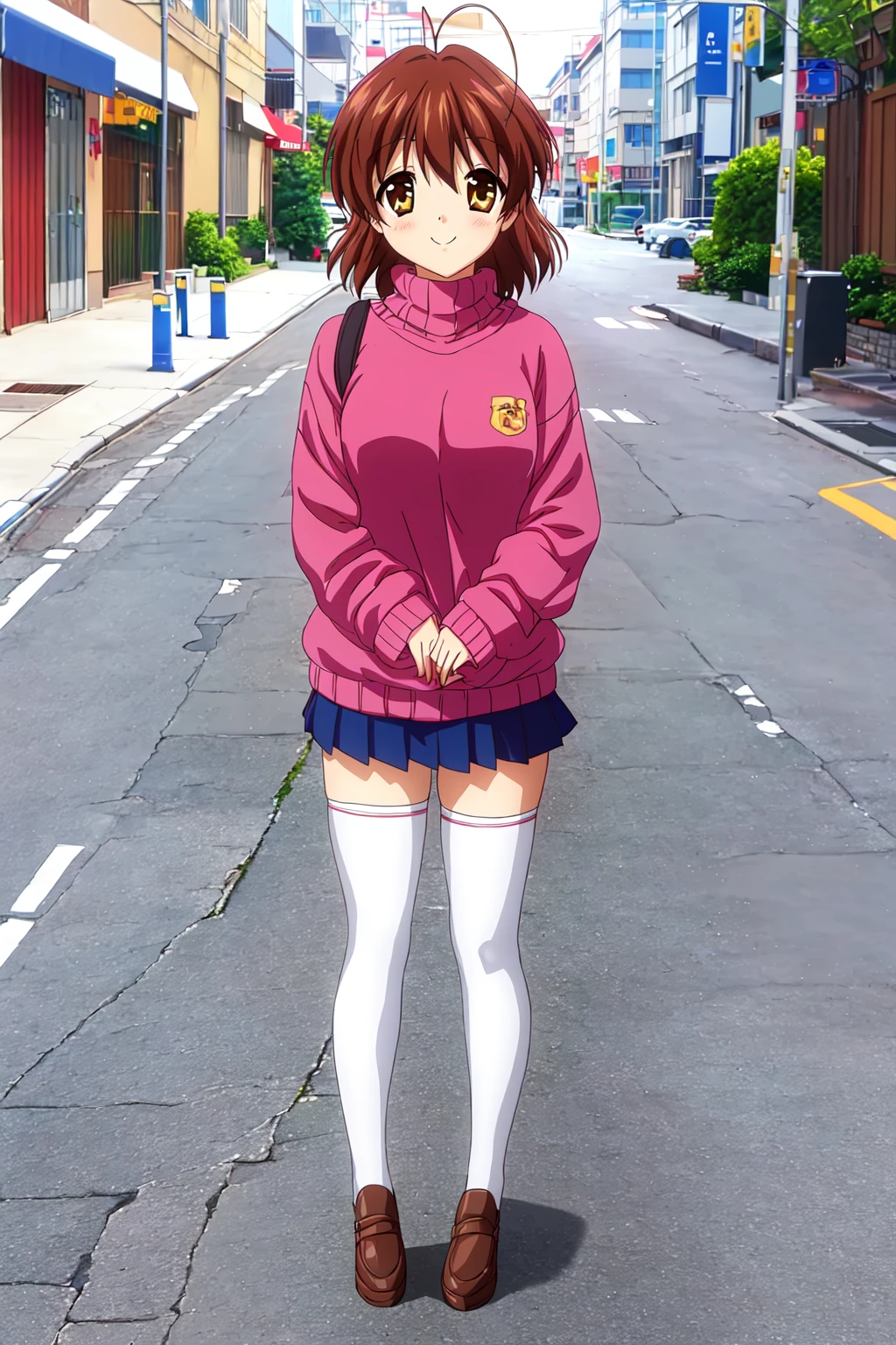 (masterpiece, best quality, highres:1.2), outdoors, street,
1girl, full_body, furukawa nagisa, solo, ahoge, standing, sweater, white thighhighs,
looking_at_viewer, smile, <lora:nagisa_V20:0.8>