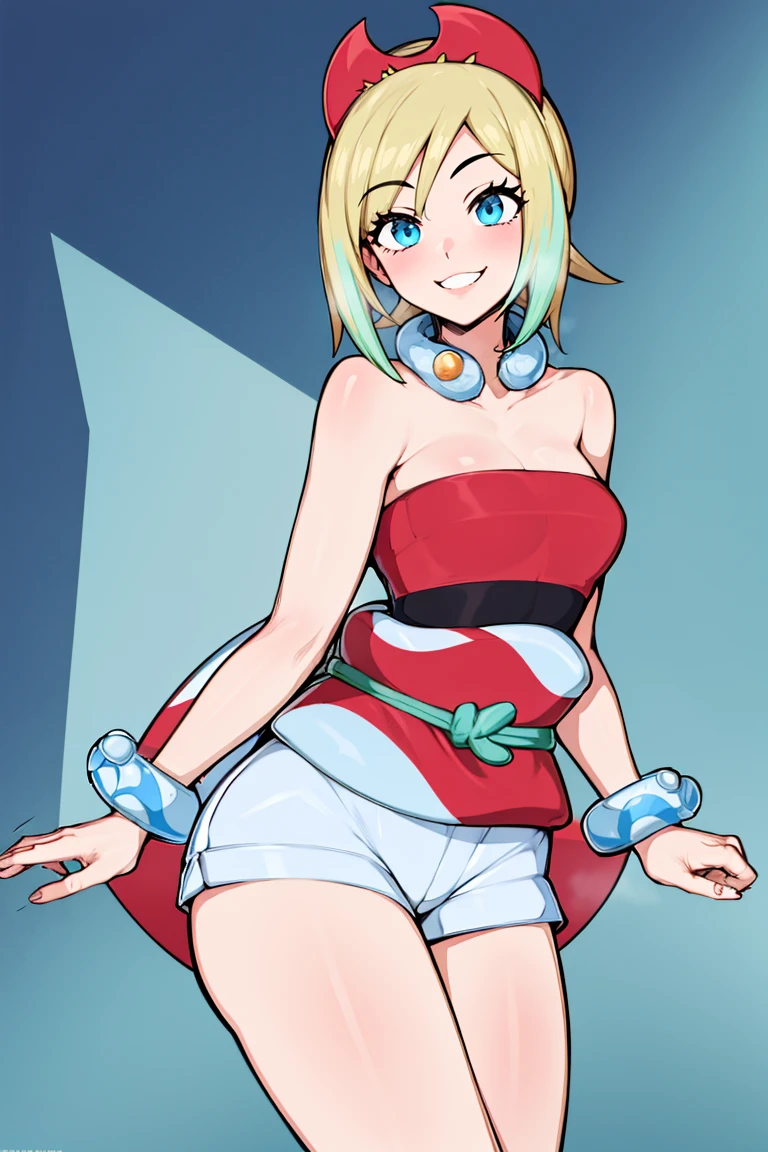 <lora:afrobull_style:0.8>, , ((masterpiece,best quality)), absurdres,  <lora:irida_(pokemon)_v1:0.7>, aairida, short hair, red hairband, neck ring, collar, strapless shirt, red shirt, bracelet, sash, waist cape, white shorts, bare legs, solo, smiling, looking at viewer, cowboy shot,  ,