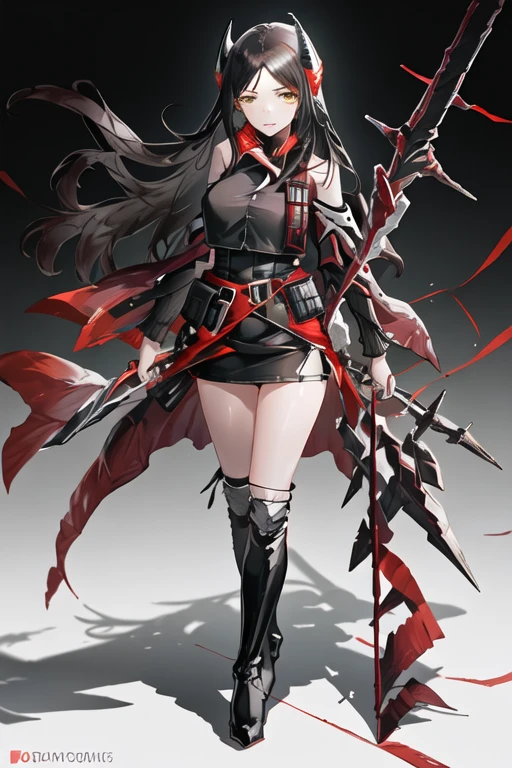 best quality, masterpiece, highres, solo, {ines_arknights:1.15}, black_hair, long_hair, yellow_eyes, horns, bangs, breasts, closed_mouth, upper_body, large_breasts, parted_bangs, 1girl, bare_shoulders, black_footwear, boots, holding, holding_weapon, knee_boots, looking_at_viewer, thighs, weapon, dress, long_sleeves, belt, black_dress, detached_sleeves, full_body, headgear, simple_background, standing, thigh_strap, very_long_hair