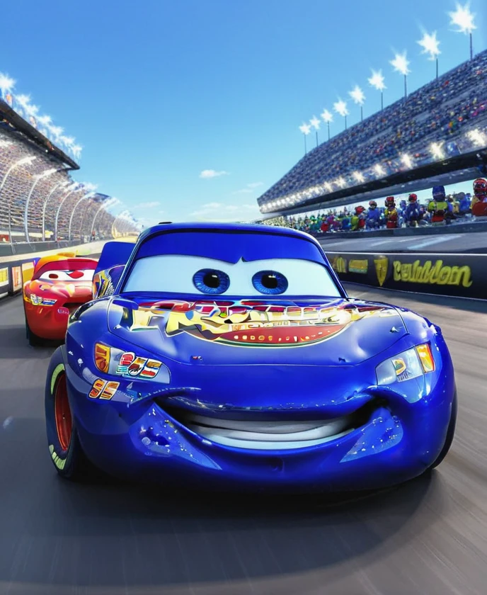 <lora:Lightning_McQueen:0.8>,blue lightning_mcqueen,racing stadium,blue sky,sunny day,hot day,hot tarmac,detailed eyes,highly detailed,photography,ultra sharp,film,bokeh,professional,4k,highly detailed,35mm,award-winning photo,