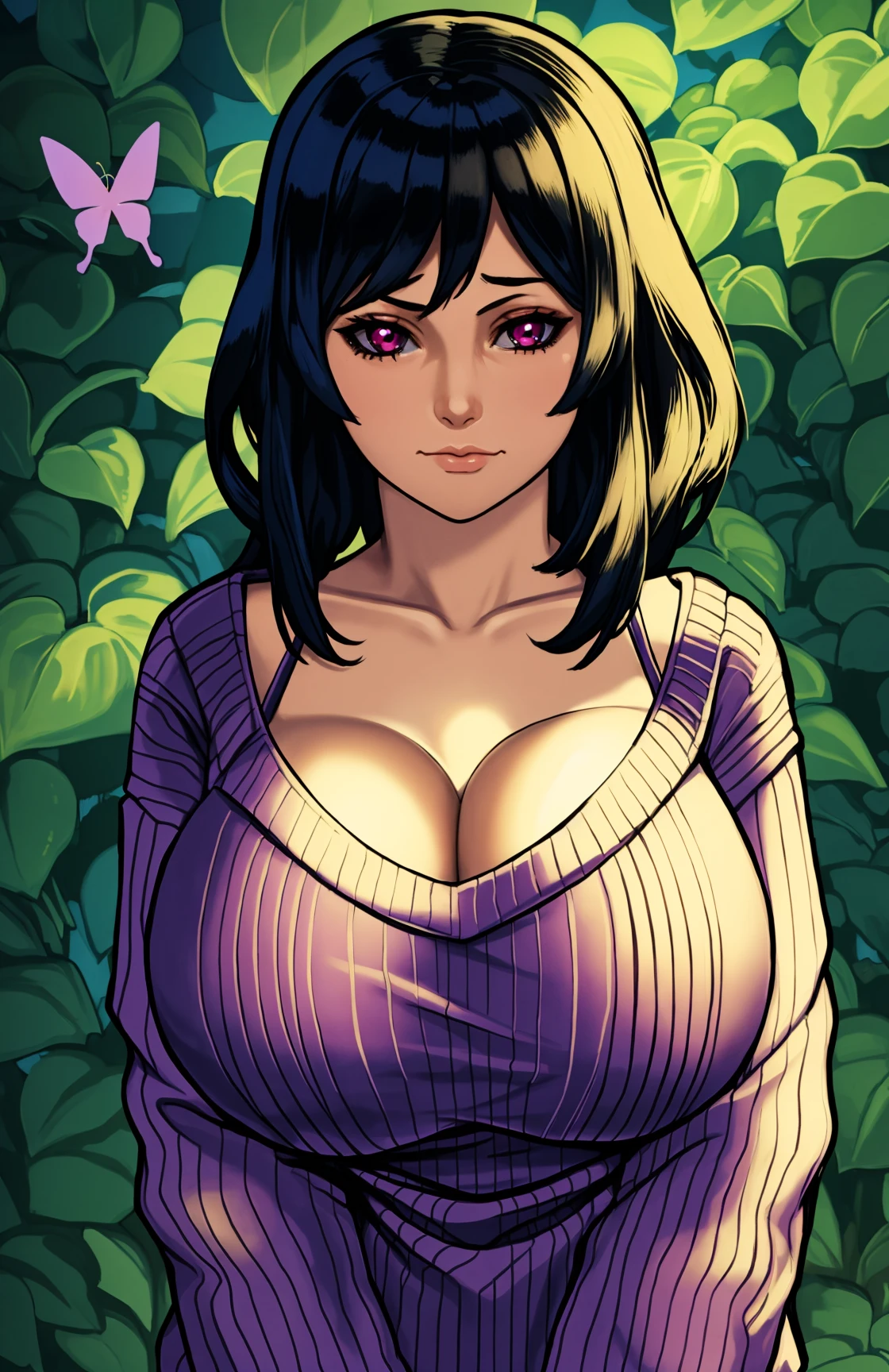 masterpiece, 1girl, Magenta eyes, nose, Mauve hair, huge sagging breasts, closed mouth, looking at viewer, balding hair, wearing a ( V-Neck Sweater ), background: Enchanting butterfly garden , solo, (((upper body))), <lora:Reinbach Style - c_20:1>