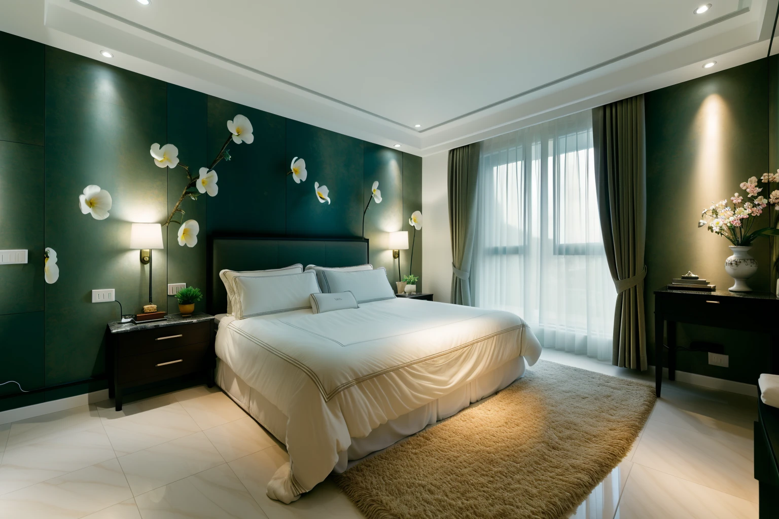 <lora:JJsBedroom:.7>((best quality)),((masterpiece)),((realistic)), , photorealistic, sky, dslr, RAW photo ,authentic, soft lighting,film grain, Fujifilm XT3 , (((Bedroom))) ,indoor scenery,,wall ,rug , lamp, flower, vase , ,ceiling , plant, window , curtain, marble floor, ceiling light,petals on bed,wall paper,coach,