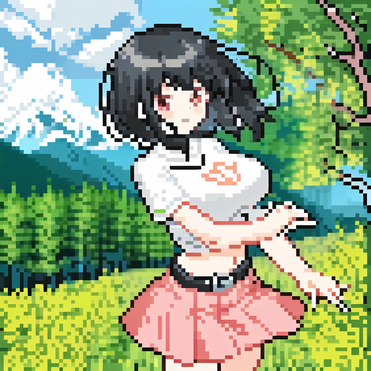 pixel art, 1girl, large breasts, black hair, short hair, crop top, pink skirt, hill, meadow, mountains, forest, close up, spinning, wind
