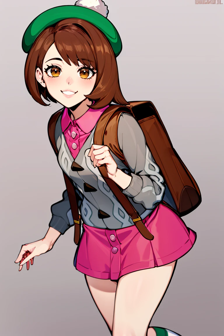 <lora:afrobull_style:0.8>, , ((masterpiece,best quality)), absurdres, <lora:gloria_(pokemon)_v1:0.7>, gloria \(pokemon\), brown hair, solo, backpack, brown eyes, tam o' shanter, grey cardigan, pink dress, short hair, green socks, socks, brown bag, bob cut, bangs, long sleeves, collared dress, solo, smiling, looking at viewer, cowboy shot, ,