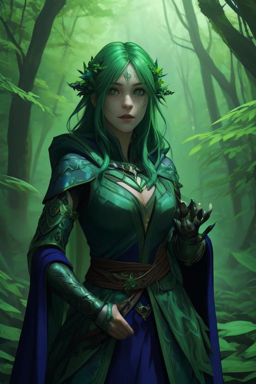 Female Mage wearing Dark Steel Gauntlets with Enchanted Runes and Cobalt Edges , Verdant Green Druid Robe with Leaf Patterns: Leaf patterns and nature-inspired designs adorn the robe, connecting the wearer to the earth, in the forest, upper body, impasto by Johan Grenier