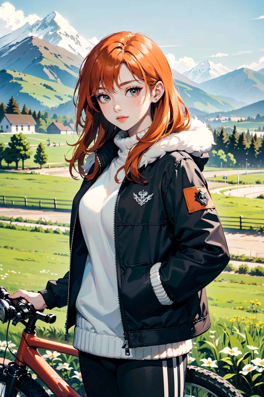 (best quality, masterpiece:1.1), cowboy shot, (1female), easygoing face, orange hair, very long hair, spiked hair, (Shearling Oversized down jacket), (Shearling Oversized puffer jacket), (winter clothes), ((bikes), countryside, pastoral, fields, farms alder),