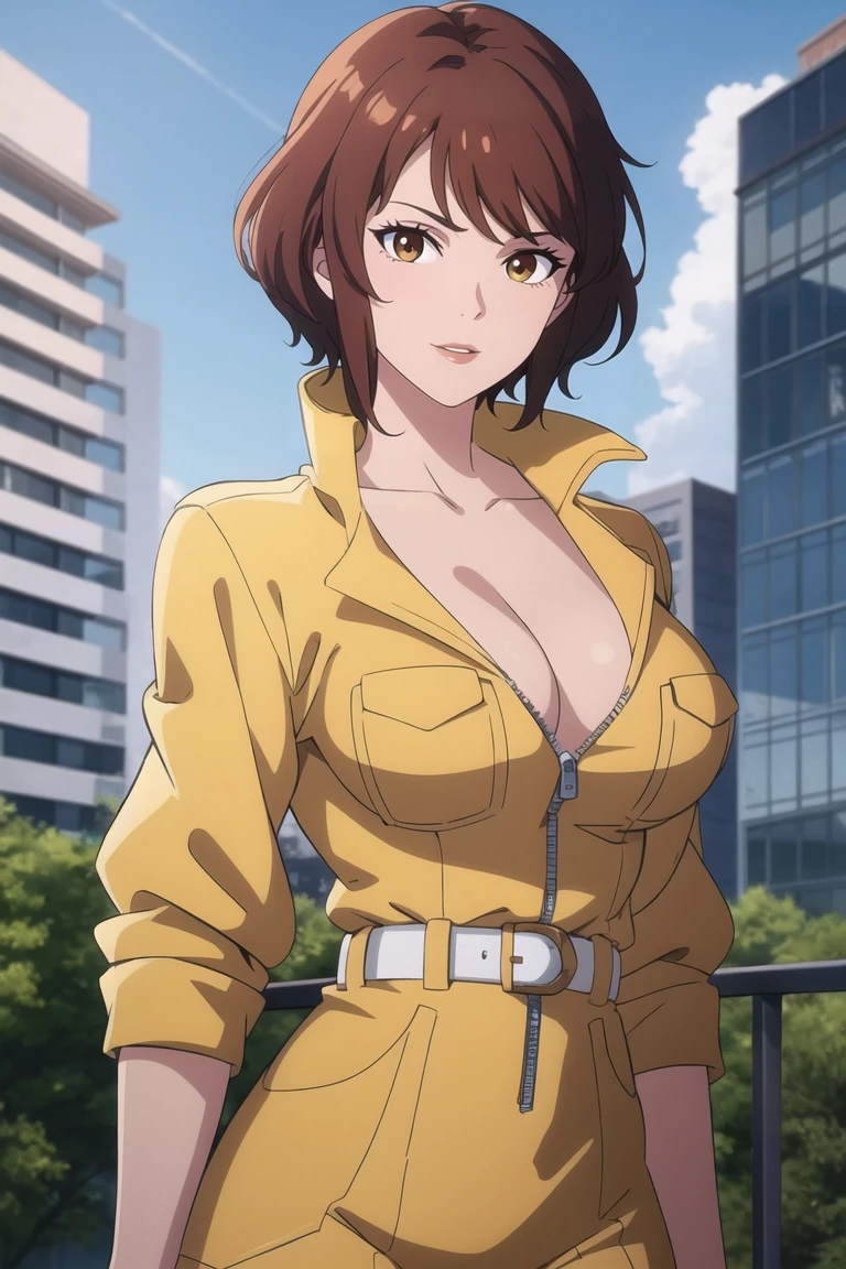 upper body,  
masterpiece, best quality, high quality, highres, outdoors, day,  looking at viewer, solo, focused, BREAK, 
CARTOON_April_ONeil_TMNT_ownwaifu, 
1girl, brown hair, short hair, breasts, brown eyes, large breasts, lips, makeup, collarbone, lipstick, 
cleavage, sleeves rolled up, yellow jumpsuit, watch, unzipped, zipper, white belt,
<lora:CARTOON_April_ONeil_TMNT_ownwaifu:1>