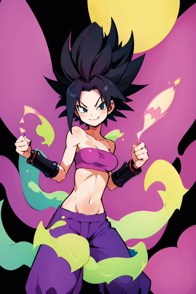 ((masterpiece,best quality)), absurdres, Caulifla_DB, bare shoulders, midriff, purple baggy pants, pink tube top, black bracelets,solo, smiling, smug, looking at viewer, cowboy shot, cinematic composition,