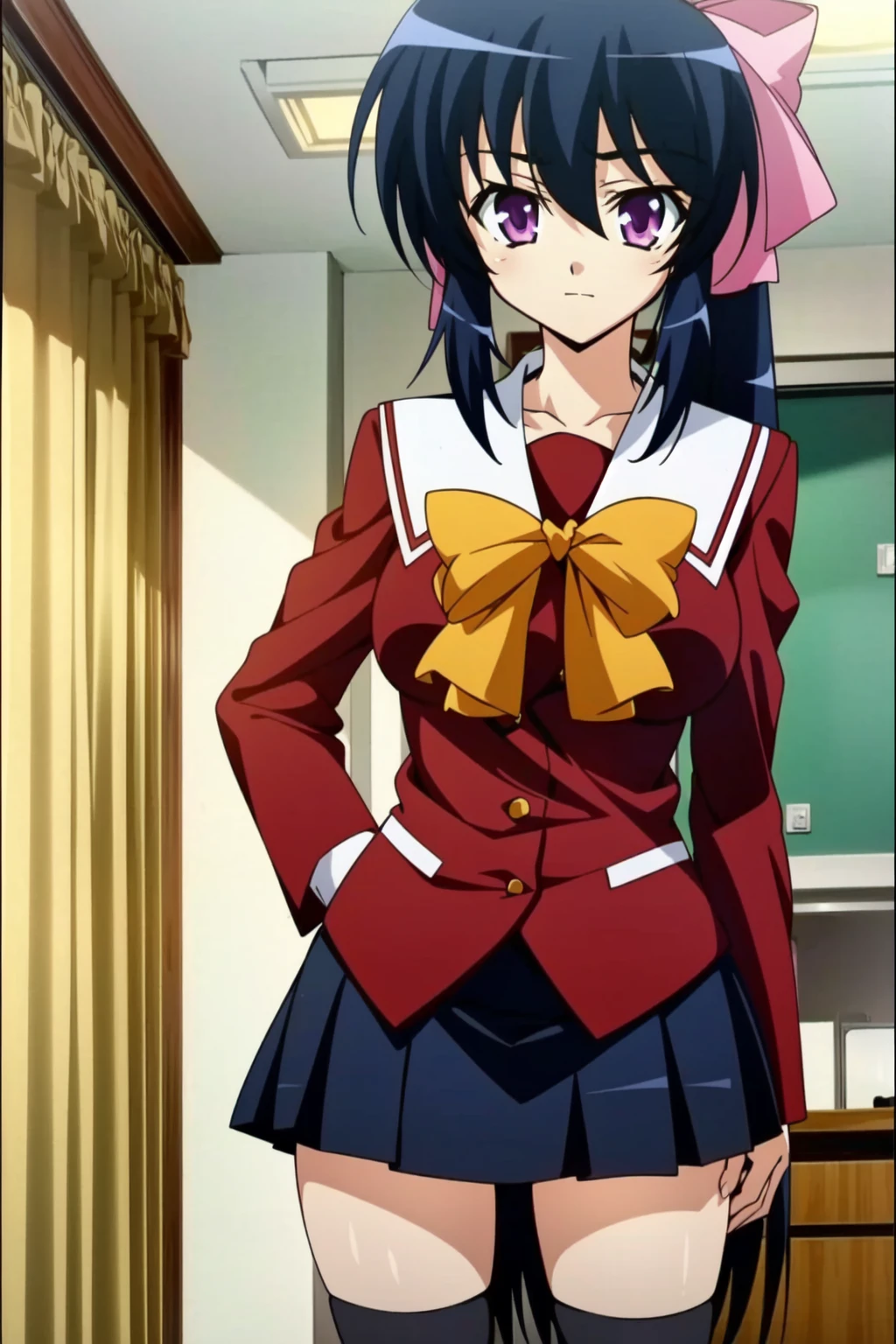 <lora:OGT_Himari_Noihara-v2:1> Himari Noihara, 1girl, solo, thighhighs, school uniform, ponytail, long hair, purple eyes, bow, zettai ryouiki, black hair, adorable, slight smile, indoors, living room, standing, ((masterpiece)), ((Best Quality)), ((Extremely Detailed)), ((Ultra Quality)), ((8k))