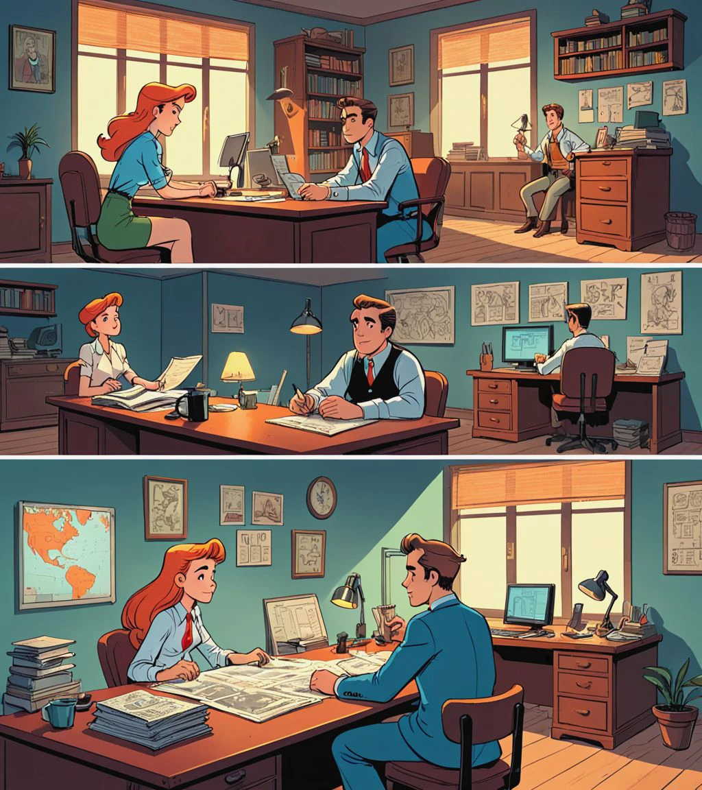scene of crime in dreams, comic strips, (spirou:0.3), uderzo style, giraud style,multi views, panels layout, friend zone, concept art, a man and woman sitting at a desk, 8 k, detailed 2d illustration, illustration, digital illustration, official illustration, illustrative, painterly, matte painting, highly detailed